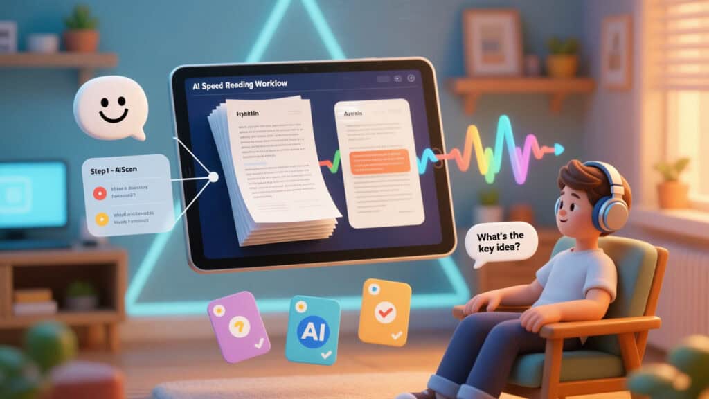 4K cinematic illustration of cozy indoor tech space. Context – AI Speed Reading Workflow: