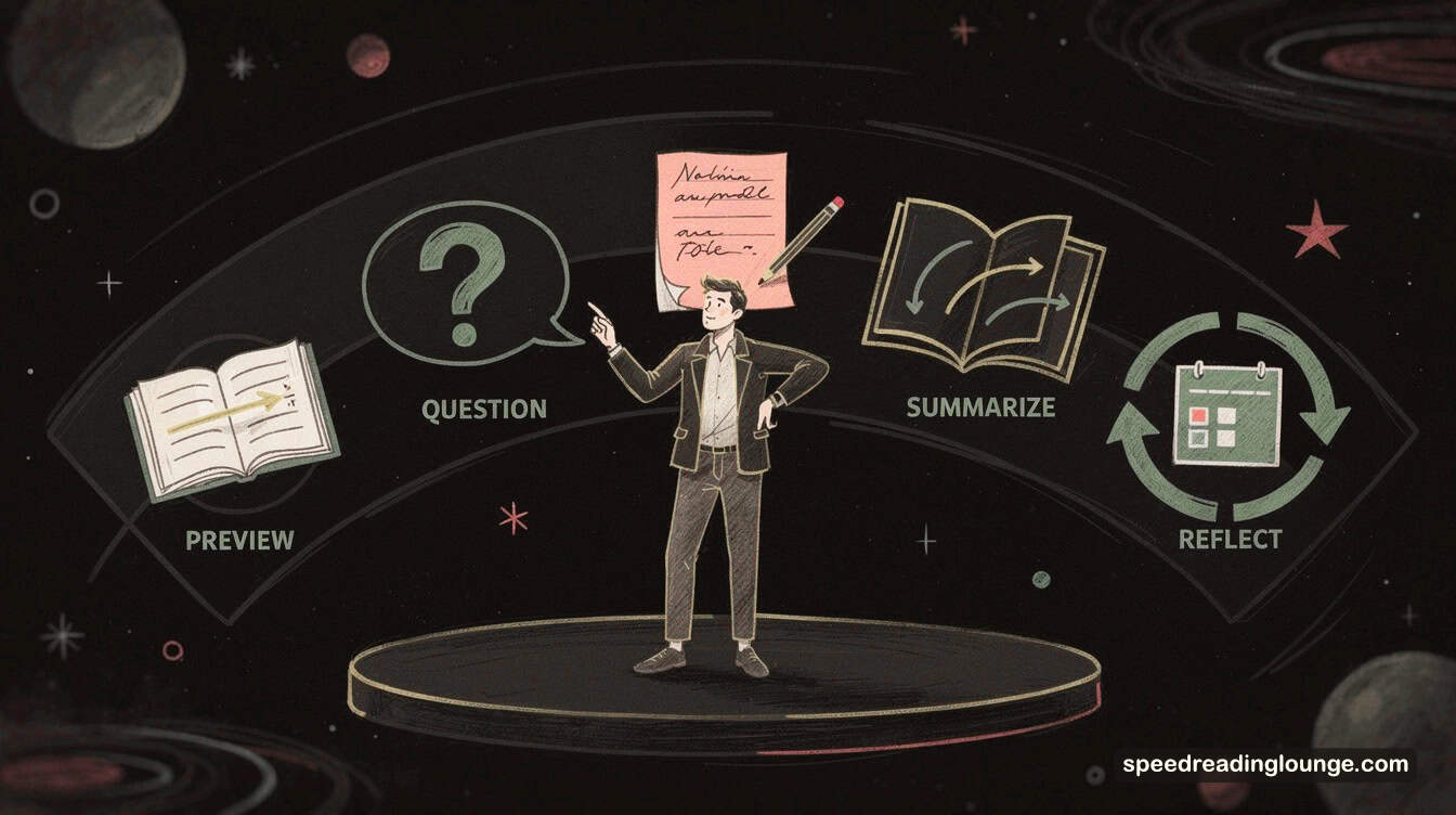 Stylish reader confidently positioned before five hand-drawn sequential icons showing the five-step reading comprehension method—preview, question, notes, summarize, reflect—core techniques for mastering reading comprehension strategies
