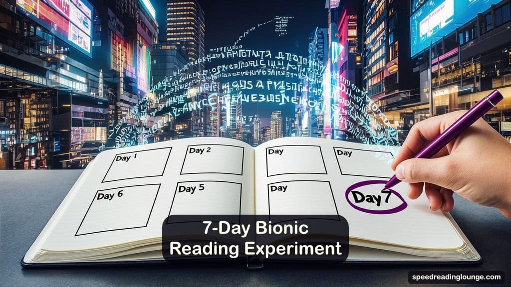 Bionic Reading Method: Does It Actually Work for You? 7 Illustration of an open notebook with a seven-day grid labeled “easier,” “same,” and “harder,” beside text shifting from normal to bold-anchored, showing a personal 7-day experiment testing the bionic reading method.