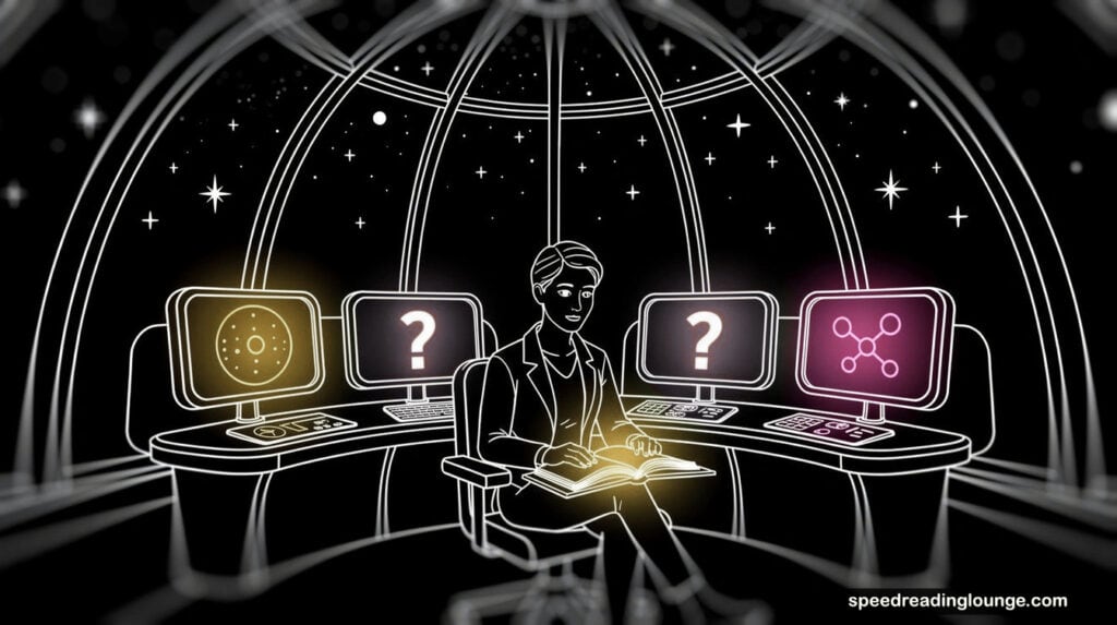 Stylish figure at a hand-drawn command observatory, reading glowing golden book surrounded by bright white architectural elements and simple green and pink data displays with excellent high-contrast clarity. showing advanced reading comprehension strategies setups.
