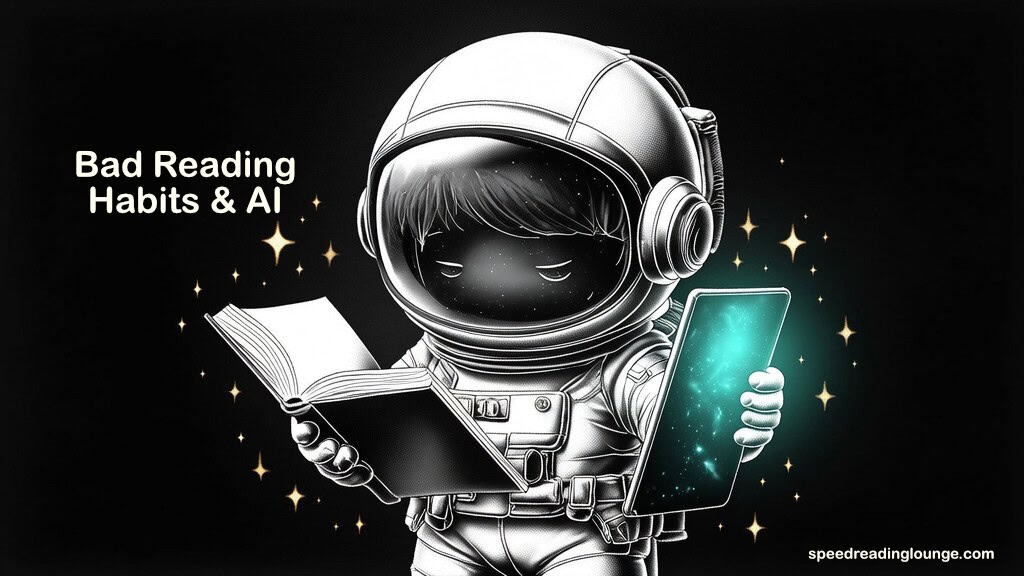 Astronaut reading own book with AI tablet as reference beside it — illustrating how AI tools can support rather than replace reading, addressing whether AI itself becomes a bad reading habit
