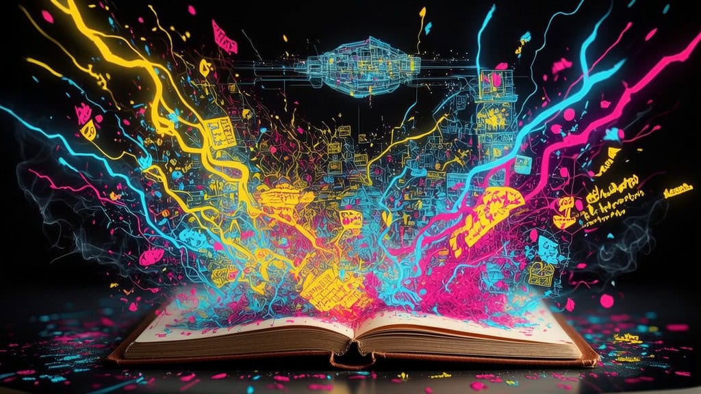 Explosive burst of handwritten notes, diagrams, and mind maps erupting from an open notebook like a supernova.Explosive burst of handwritten notes, diagrams, and mind maps erupting from an open notebook like a supernova. Neon yellow, electric blue, hot pink on jet black. Ink strokes become lightning bolts. High energy, high contrast, graphic novel meets editorial photography. ai note taking risks