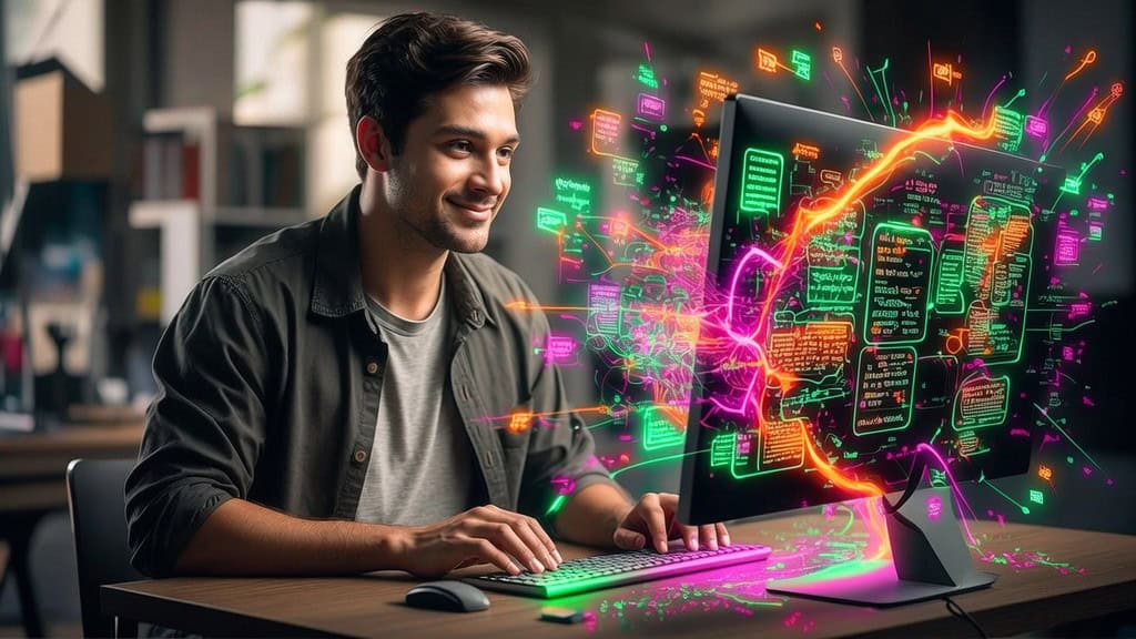 friendly Person at a desk, hands on keyboard, screen exploding with neon-lit notes, mind maps, and structured summaries reorganizing themselves in real time. Electric green, hot pink, blazing orange on pitch black. Ultra high contrast, graphic novel meets tech editorial, explosive energy. daylight. ai note taking tips