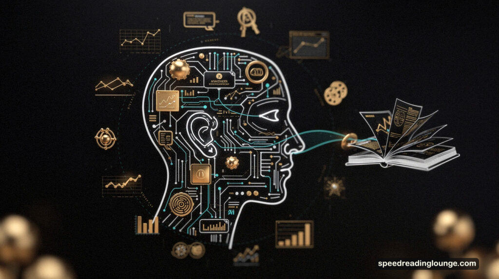 A centered human head in profile outline (white line art) with the interior filled with algorithmic flowchart symbols: connected nodes, directional arrows, circuit-like pathways. ai pacing.