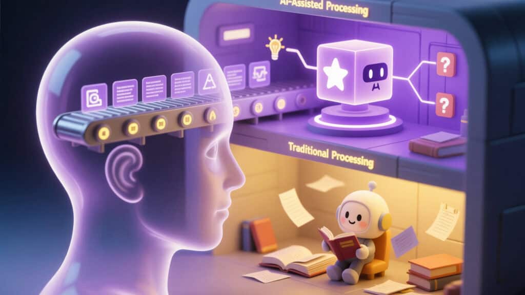 4K cinematic illustration of a bright clean studio on two levels contrasting Cognitive Load of reading and ai speed reading