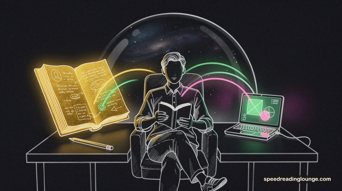 Stylish reader at a hand-drawn integrated AI reading workspace with warm golden-yellow book (left) and cool neon-green AI interface (right) connected by flowing light threads—demonstrating balanced AI reading comprehension partnership
