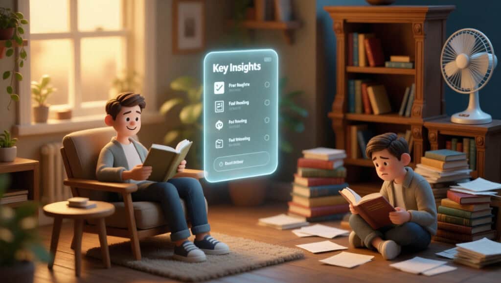 4K cinematic illustration of a cozy corner with a comfortable lounge in warm evening light. context AI Speed Reading summary