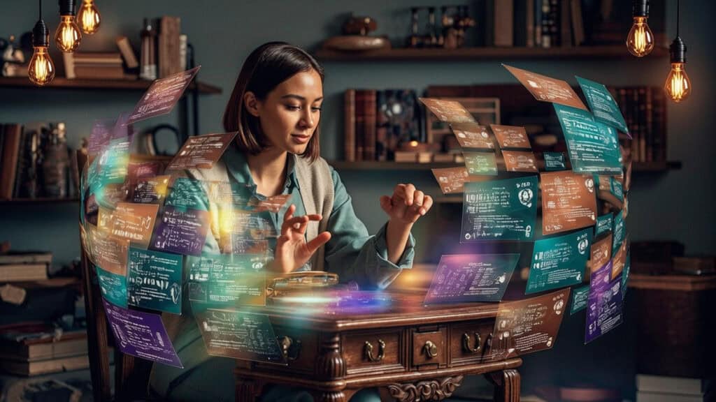 AI spaced repetition apps 2026 - person using holographic AI interfaces for automated flashcard generation and adaptive review scheduling in modern study space
