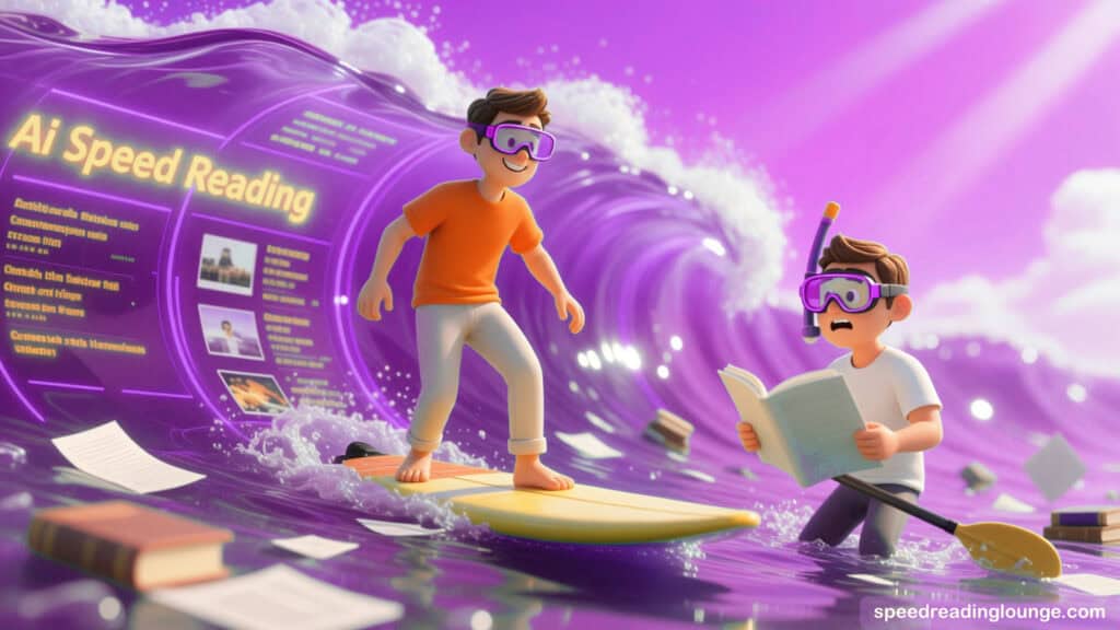 AI Speed Reading Guide - A professional in stylish casual fashion stands on a polished surfboard, wearing sleek AR glasses and rides a massive, translucent data-wave, a fluid glass superhighway symbolizing how to read faster with ai
