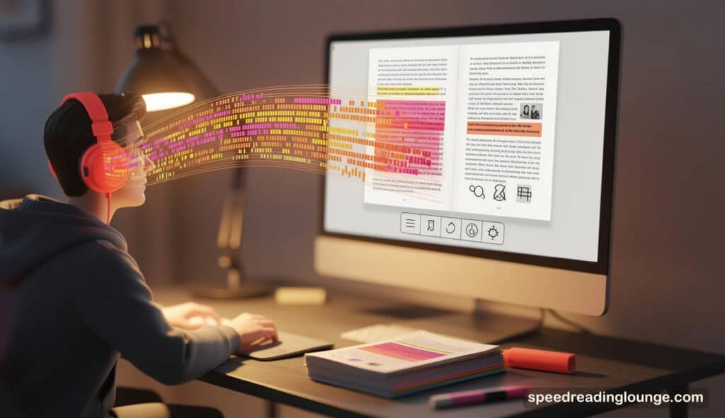 Adult at minimalist desk using desktop TTS reader to listen to a dense PDF at elevated playback speed through headphones, with text visually converting to audio waves, symbolizing digital speed reading with AI voice generators.