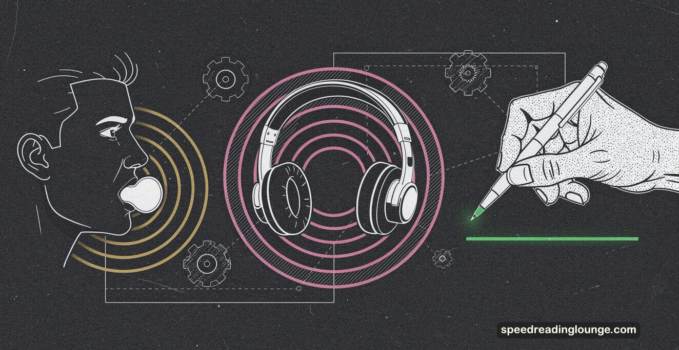Three manual techniques to stop subvocalization: golden vibrations from chewing, pink sound waves from headphones, and green hand-pacing pen reducing inner voice activity.