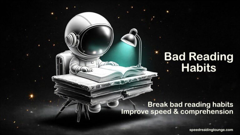 Astronaut caught mid-read demonstrating multiple bad reading habits at once, looking at viewer with guilty smile — illustrating common bad reading habits students and professionals recognize