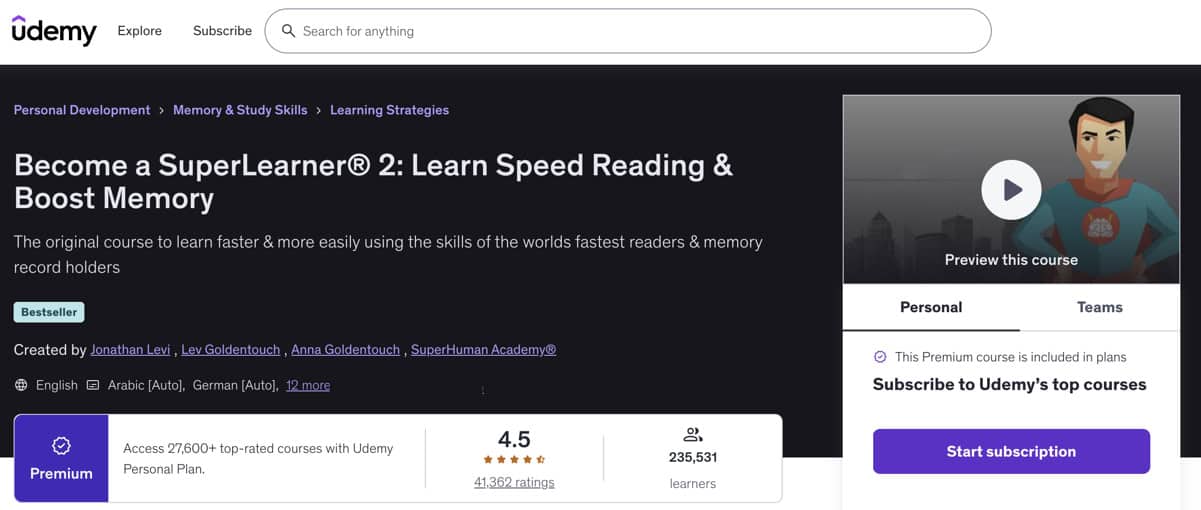 user interface with course data and info of become-a-superlearner-course