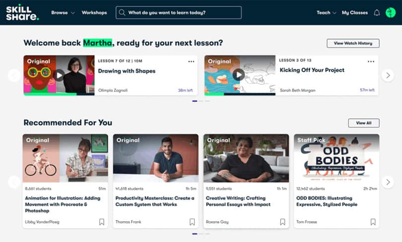 Best Skillshare Classes - Screenshot Dashboard the user interface of a student's dashboard showing the student's selection of the best skillshare courses