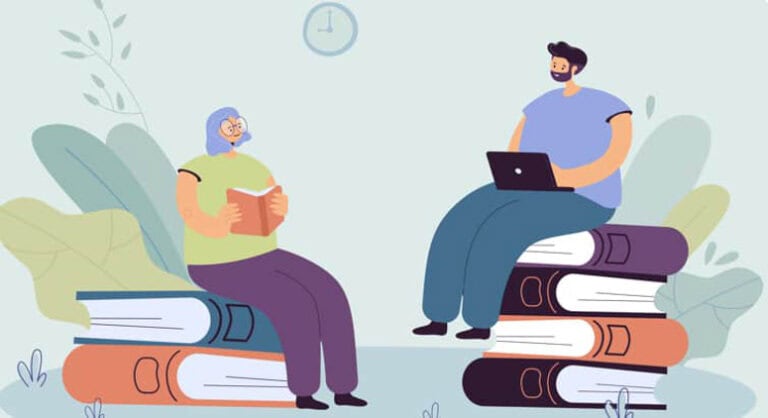 Image of What Is The Best Speed Reading Software? People sitting on a stack of books with laptops running software