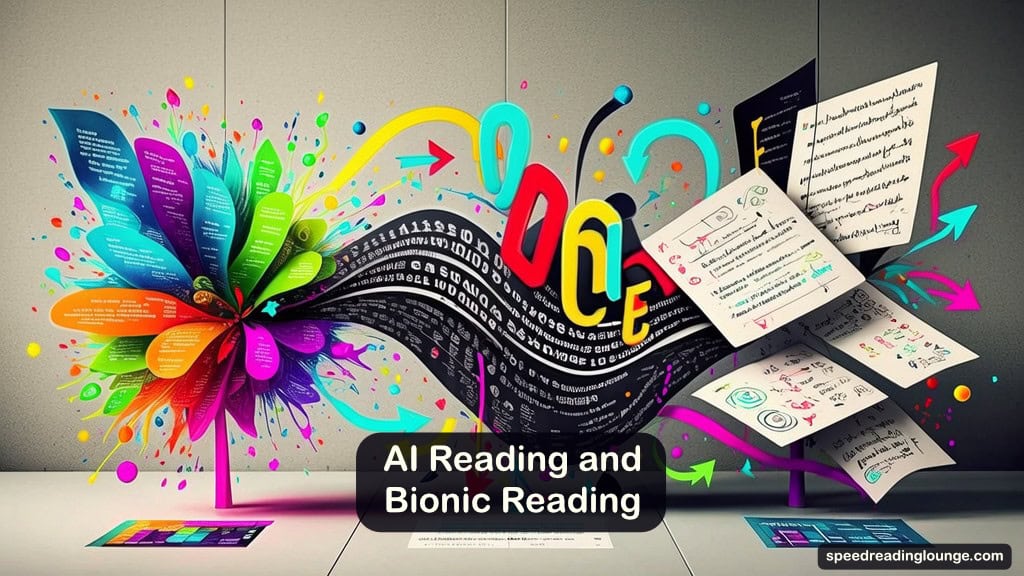 Bionic Reading Method: Does It Actually Work for You? 6 Illustration of a desk split into three panels showing an AI summary page, a flowing article with bold first letters, and handwritten notes turning into flashcards, depicting how bionic reading fits into an AI-supported speed reading workflow.