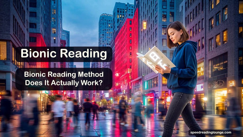 Bionic Reading Method: Does It Actually Work for You? 1 Illustration of a busy city street at dusk where the first brick of every building glows red, while a reader walks with a book showing bold first letters in each word, visually hinting at the bionic reading method guiding the eyes through text.