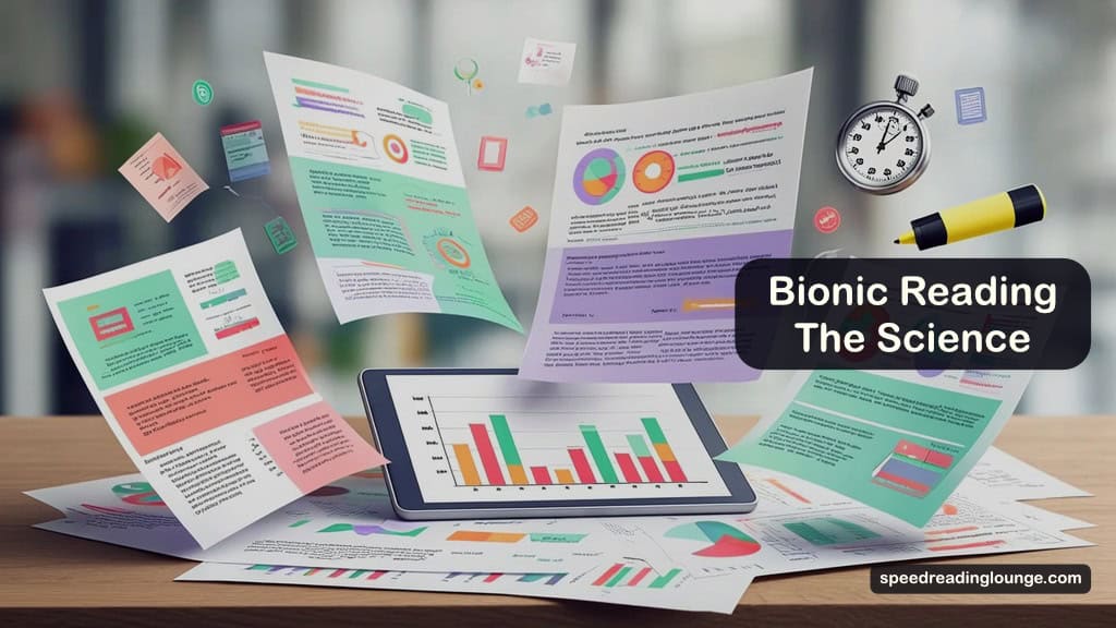 Bionic Reading Method: Does It Actually Work for You? 3 Illustration of a cluttered desk covered in colorful research papers, charts, and a glowing tablet displaying text with bold first letters, symbolising scientific studies on bionic reading speed and comprehension.