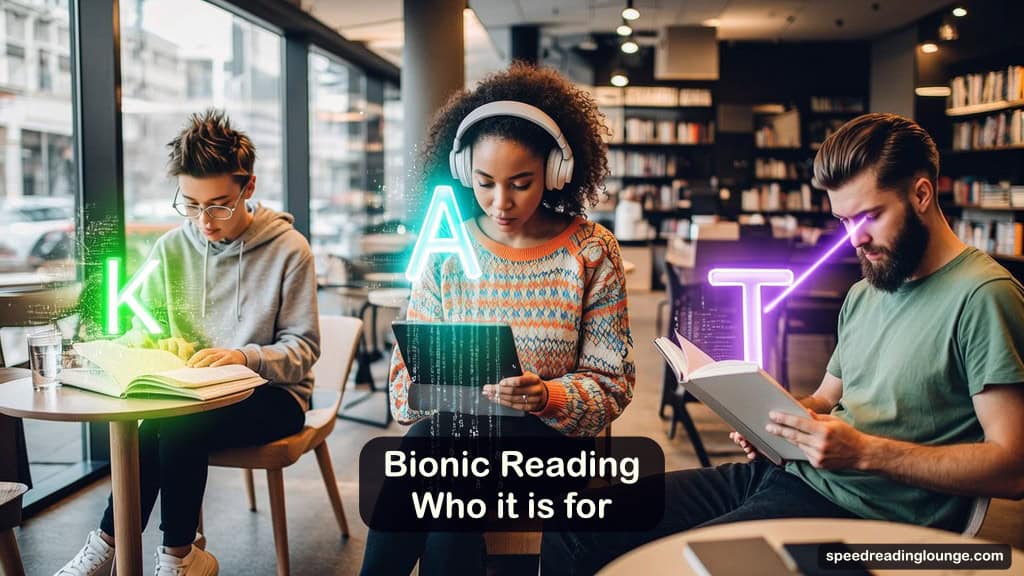 Bionic Reading Method: Does It Actually Work for You? 4 Illustration of three different readers in a lively café: one with headphones reading bionic text on a tablet, one with a colored overlay on a printed page, and one studying a foreign language, highlighting how the bionic reading method can support ADHD, dyslexia, and second-language readers.