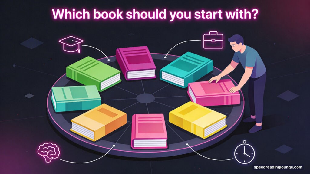 Adult learner deciding which speed reading book to start with from a circular wheel of colourful titles, representing how to choose the best book for AI-supported reading practice.