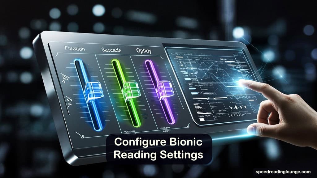 Bionic Reading Method: Does It Actually Work for You? 5 Illustration of a glowing control console with three labeled sliders for fixation, saccade, and opacity, next to a text panel where bold first letters and spacing change in real time, representing how bionic reading settings affect the reading experience.
