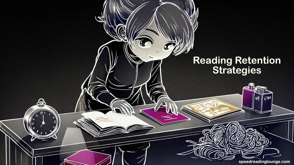 Core reading retention strategies and techniques shown as an adult chibi figure at a workbench with five distinct memory tools each in active use