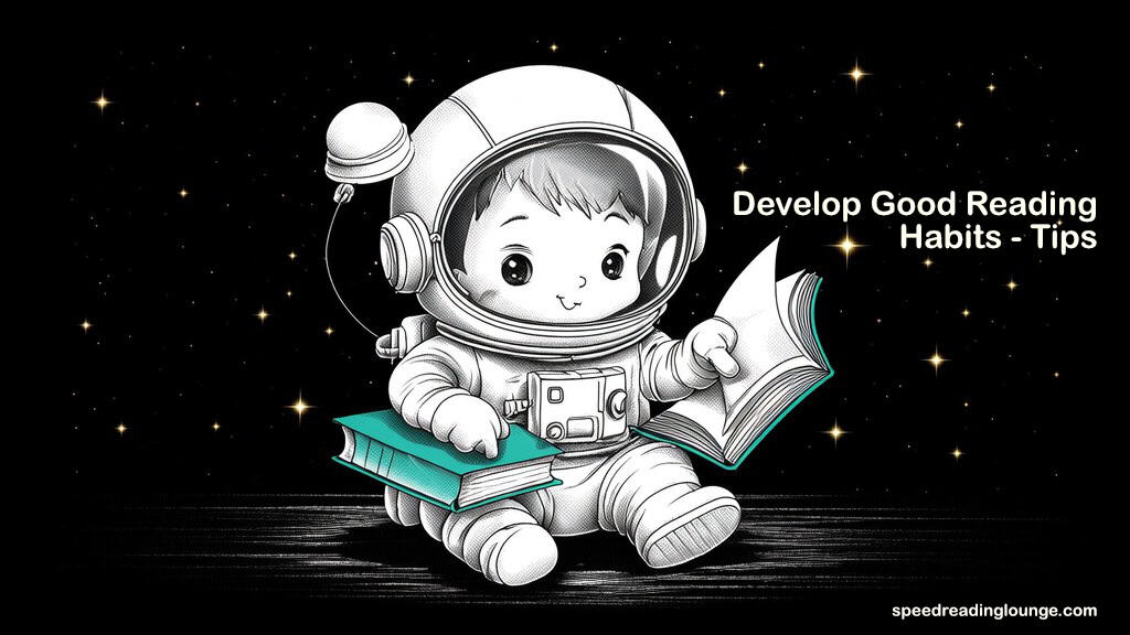 astronaut caught mid-read: mouth moving, finger sliding back up page in regression, second book crushed under arm, helmet lamp off. Looks directly at viewer with small guilty smile. Develop good reading habits