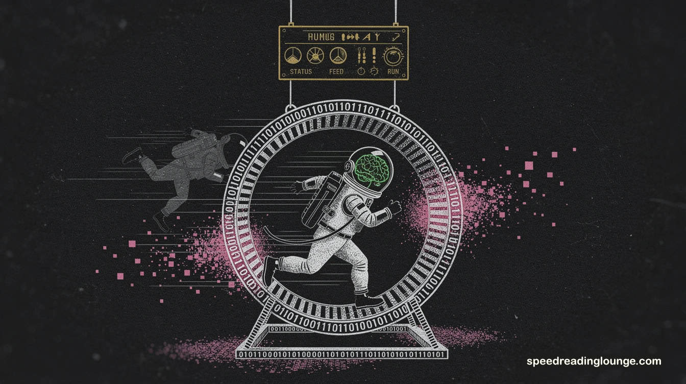 How to stop subvocalization with AI tools—astronaut running on digital-code treadmill with green glowing visual cortex, pink dissolving inner voice, demonstrating audio overclocking effect.