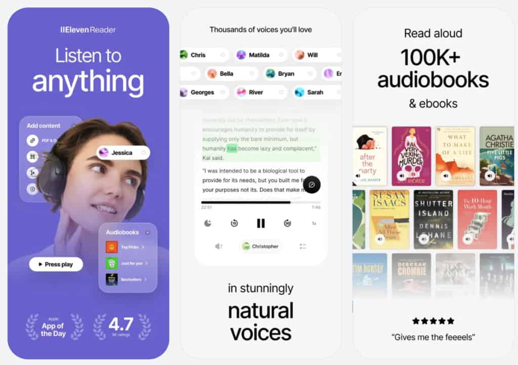 user interface of elevenreader-app-iphone-ai voices