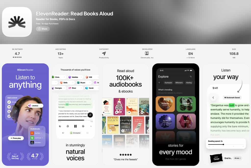 elevenreader review - overview of elevenreader tts-app with ai features, podcast, rating and iphone ux examples