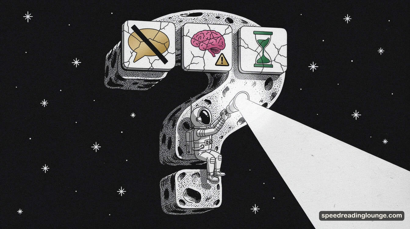 Myths about subvocalization shown as three cracked icons on a question‑mark asteroid, with an astronaut researcher exposing why “eliminate subvocalization,” “subvocalization is bad,” and “instant fix” are false.