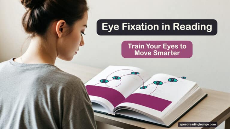 Over-the-shoulder view of a person reading at a desk, with a bold horizontal path across the pages and a trail of eye symbols stepping along it to show eye fixation and eye movements in reading.
