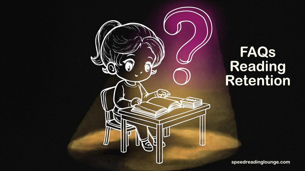Reading retention FAQs shown as an adult chibi figure at a desk lit by a large question mark lamp above an open book and notes