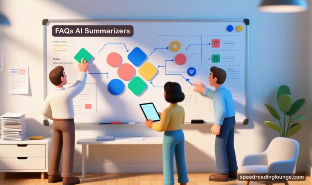 Three professionals transform dense documents into concise AI summaries through flowing text visualization in contemporary creative workspace with whiteboard