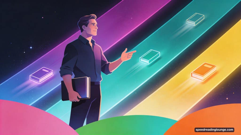 Confident adult standing with a speed reading book in front of colourful rising paths, answering faq questions.