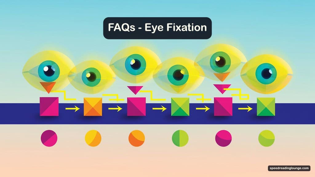 A vibrant illustration of a single horizontal band representing a line of text stretching across the page. Eyes represent the eye fixation stops. faqs