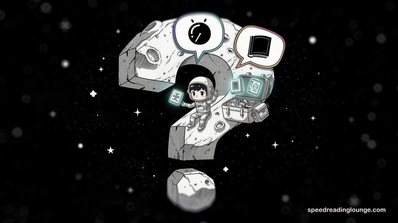 Astronaut on a question‑mark asteroid packing glowing book tokens into a backpack, symbolizing key takeaways and common questions about skimming and scanning