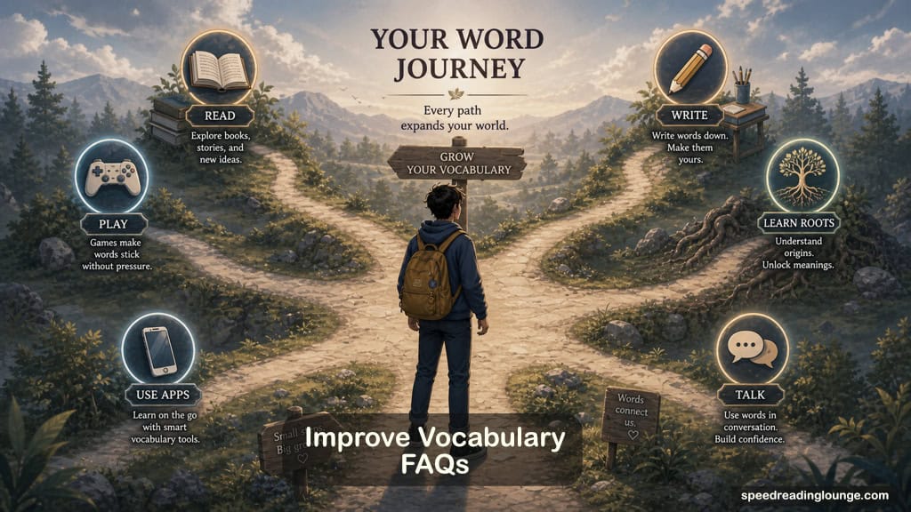 How to Improve Vocabulary Effortlessly 14 Illustration for the How to Improve Vocabulary: FAQs, showing a toolkit of books, flashcards and reading paths, symbolizing multiple ways to improve vocabulary and combine word learning with speed reading skills.