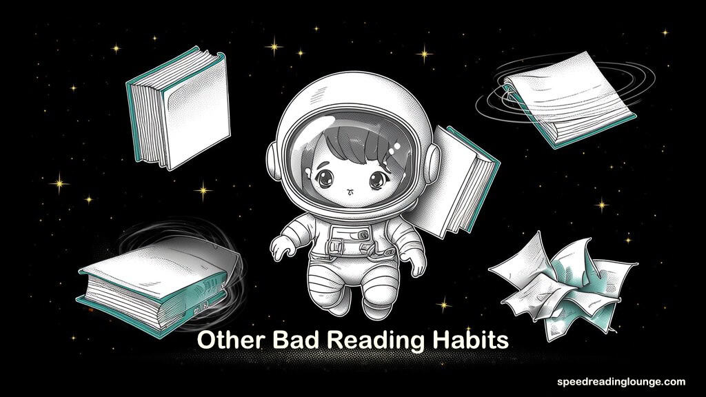 Astronaut overwhelmed at desk with six books open simultaneously, pages escaping in all directions — illustrating information overloading and reading without preparation- Fix poor reading habits