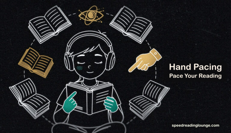 Hand pacing reading focus illustration centered reader with orbiting books and eyes demonstrating attention control technique