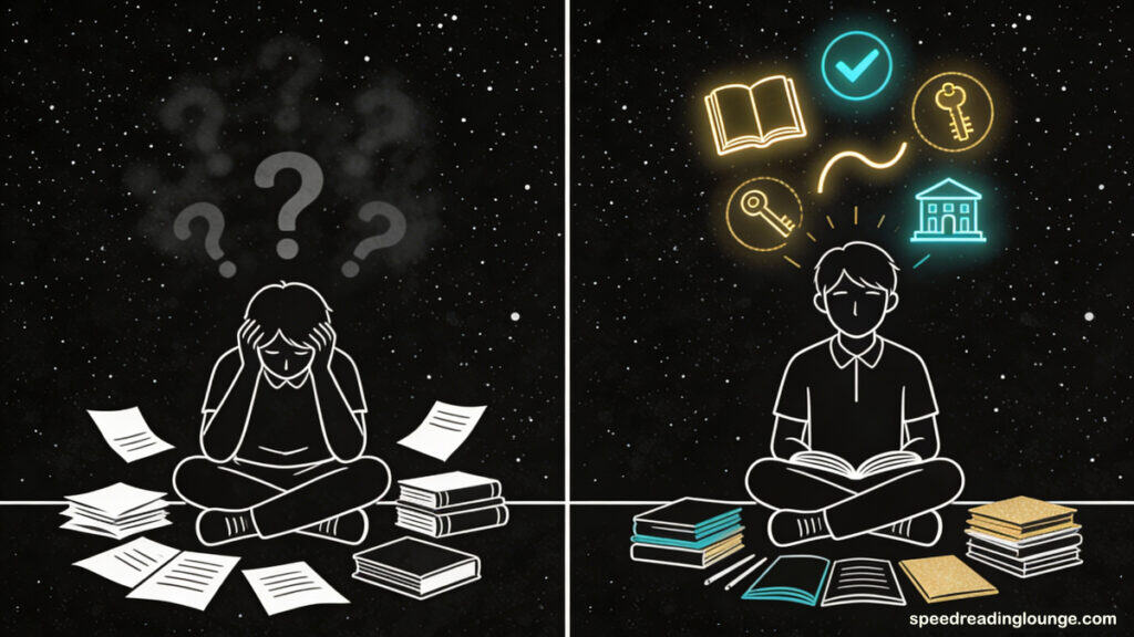 Before and after illustration showing a learner's transformation from scattered, disorganized notes to organized, structured learning using memory techniques, with glowing retention icons (book, checkmark, curve, key, building) above the learner's head on the improved side