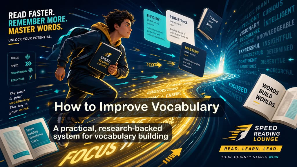 How to Improve Vocabulary Effortlessly 1 Illustration showing how to improve vocabulary, with a reader striding along a glowing path of words, books and flashcards that visualize active vocabulary learning and speed reading progress.