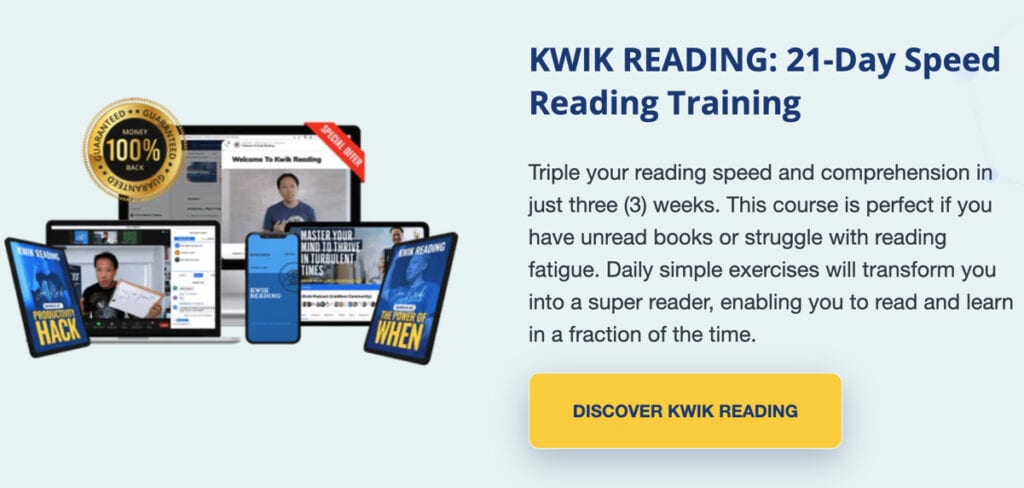 showing user interface screen of kwik-reading-program-with product closeups and teaser text