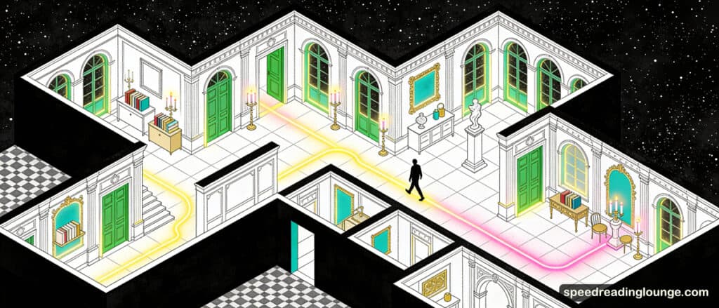 Method of loci illustration: isometric palace with glowing pathways and placed objects for spatial visualization