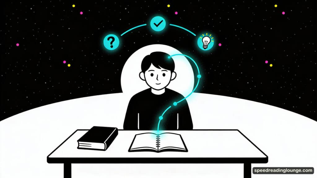 Active recall illustration: student with question marks, light bulbs, and retrieval practice trails demonstrating testing effect