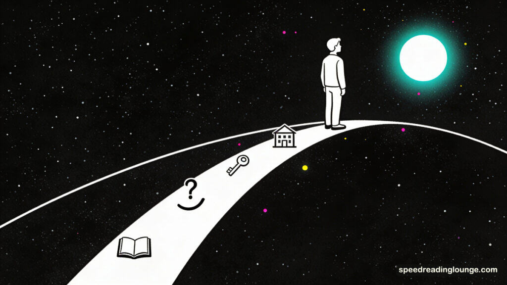 Summary: learner walking path toward glowing memory circle symbolizing mastery of memorization techniques