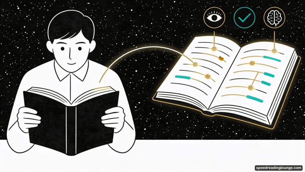 Memory techniques for reading and comprehension illustration showing a learner reading one open book while a second book above highlights key ideas, connected by a thin arc, with small icons for eye, checkmark, and brain representing better understanding and recall of what you read.