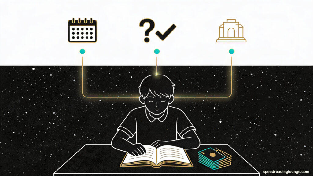 Memory techniques for studying and exams illustration with a student at a table using a textbook and flashcards, connected to small icons for spaced repetition calendar, active recall question‑to‑checkmark, and a memory palace, representing structured exam preparation and retention.