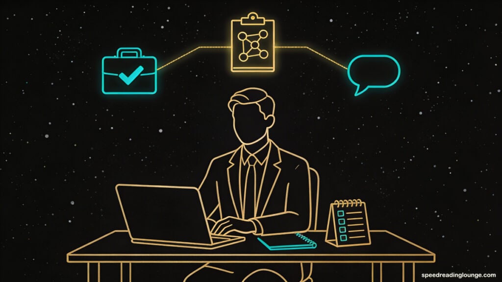 Memory techniques for professional performance illustration showing a professional at a desk with laptop and notepad, with small icons of a briefcase with checkmark, connected dots, and speech bubble above, representing better task management, learning at work, and remembering key information.