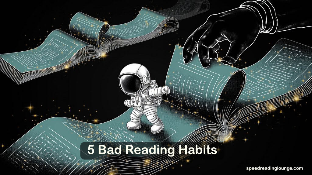 Astronaut pulling already-read page back in front while unread path ahead drifts away — illustrating regression, the bad reading habit of re-reading text and losing forward reading momentum